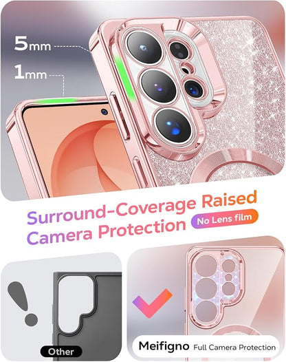Meifigno Magnetic Case Designed for Samsung Galaxy S26 Ultra 6.9", [Compatible with MagSafe] [Removable Glitter Card & Wrist Strap], Surround Lens Protection Case for Galaxy S26 Ultra, Rose Gold