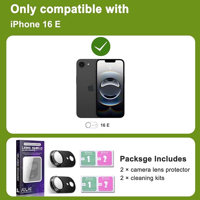 2-Pack Shatterproof Camera Lens Protector for iPhone 16e |AR Tempered Glass Strong Adsorption Metal Camera Cover Screen(Black)