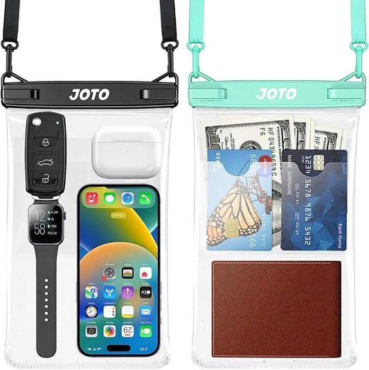 JOTO 2 Pack Large Waterproof Phone Pouch Bag, IPX8 Big Underwater Dry Bag with Lanyard for iPhone 17 Air 16 15 14 Plus Pro Max, Galaxy S24 S23 Ultra, Airpods Cash Credit Card Essentials -Black & Green