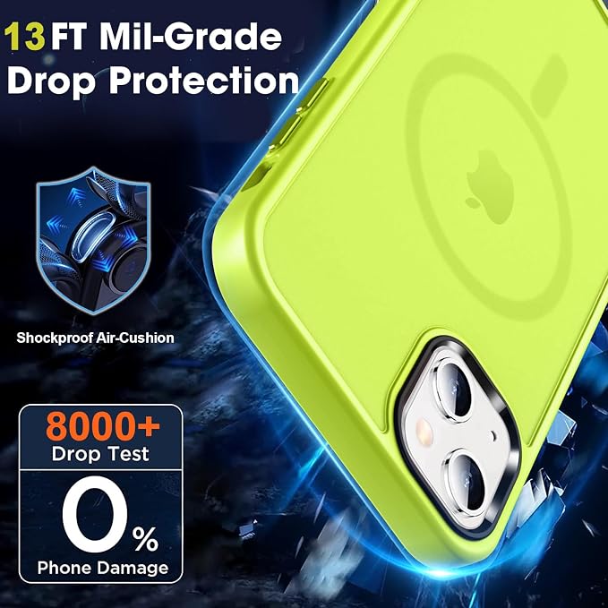 MOCCA Strong Magnetic for iPhone 13 Case, [Compatible with Magsafe][Screen Protector+Camera Lens Protector] Translucent Matte Back Slim Shockproof Case for iPhone 13 Phone Case 6.1", Fluorescent Green