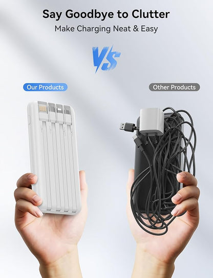 Portable Charger, 10000mAh 22.5W Fast Charging Power Bank with 4 Built-in Cables, Travel Essentials Battery Pack with LED Display, 6 Outputs Charging Bank Compatible with iPhone, iPad, Samsung White