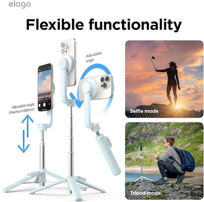 elago Magnetic Selfie Stick Tripod Compatible with MagSafe for iPhone and Galaxy, Strong Magnetism, Portable, Lightweight, Extendable [Pouch, Bluetooth Remote, Guide Sticker Included] [Light Blue]