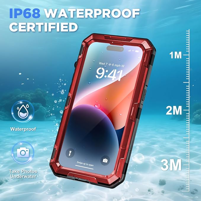Beasyjoy for iPhone 14 Waterproof Case, Metal Heavy Duty Case with Built-in Tempered Glass Screen Protector, Military Grade Shockproof Full Body Protection, Rugged Phone Case for iPhone 14, Red