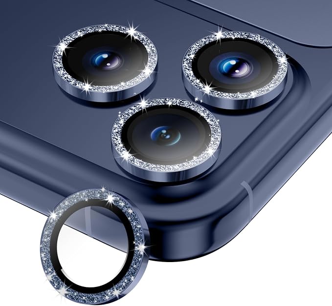 Camera Lens Protector for iPhone 17 Pro Max/17 Pro/16 Pro Max/16 Pro/15 Pro Max/15 Pro/14 Pro Max/14 Pro,Tempered Glass Metal Individual Camera Cover[Anti-drop]Case Friendly- Glitter Deep Blue