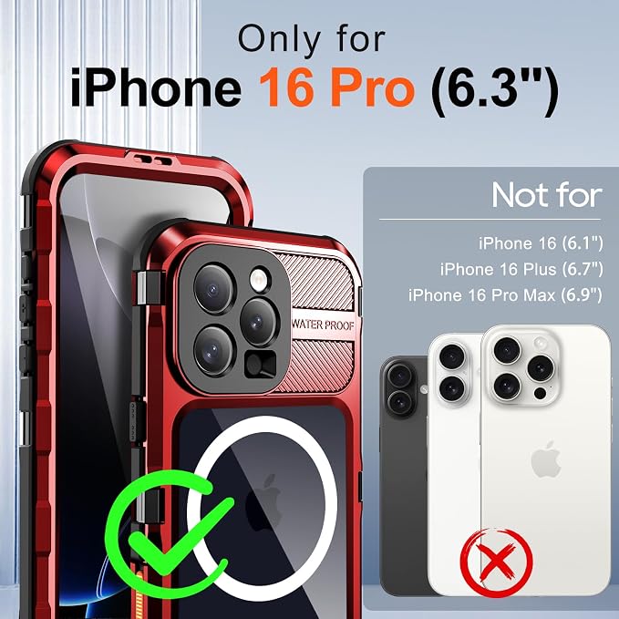 WIFORT for iPhone 16 Pro Waterproof Case - Metal Heavy Duty [Built-in Screen Protector] [14FT Military Shockproof] [Fit for MagSafe], IP68 Full Body Rugged Water Proof Magnetic Cover, 6.3" Red