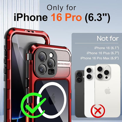 WIFORT for iPhone 16 Pro Waterproof Case - Metal Heavy Duty [Built-in Screen Protector] [14FT Military Shockproof] [Fit for MagSafe], IP68 Full Body Rugged Water Proof Magnetic Cover, 6.3" Red