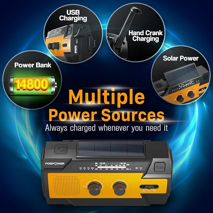 FosPower NOAA Emergency Weather Radio A3 14800mWh Portable Power Bank, AM/FM, USB/Solar/Hand Crank Charging, SOS Alarm & Flashlight for Indoor/Outdoor Emergency - Orange