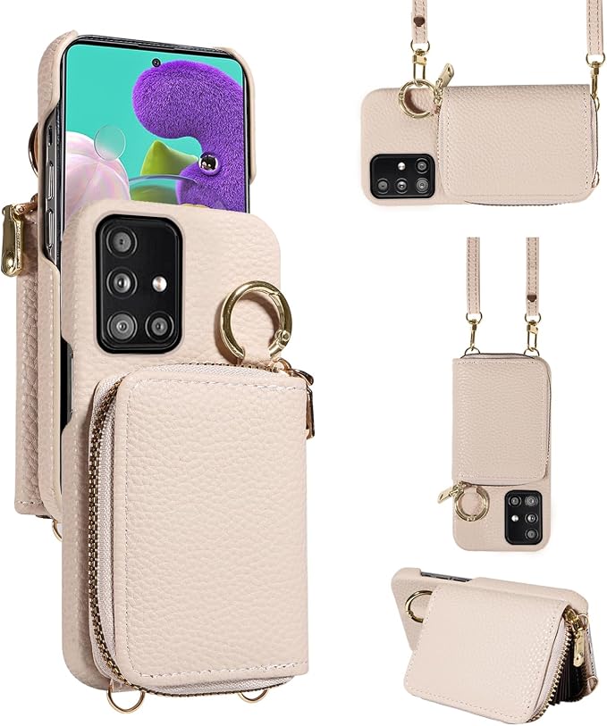 Wallet Case for Samsung Galaxy A51 5G/A 51 5G UW Verizon & Shoulder Strap Ring Buckle PU Leather Zipper Flip Organ Purse Credit Card Holder Stand Full Body Cell Phone Cover for 51A G5 S51 White