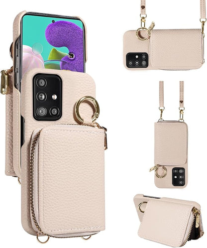 Wallet Case for Samsung Galaxy A51 5G/A 51 5G UW Verizon & Shoulder Strap Ring Buckle PU Leather Zipper Flip Organ Purse Credit Card Holder Stand Full Body Cell Phone Cover for 51A G5 S51 White