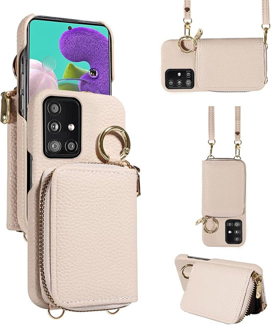 Wallet Case for Samsung Galaxy A51 5G/A 51 5G UW Verizon & Shoulder Strap Ring Buckle PU Leather Zipper Flip Organ Purse Credit Card Holder Stand Full Body Cell Phone Cover for 51A G5 S51 White