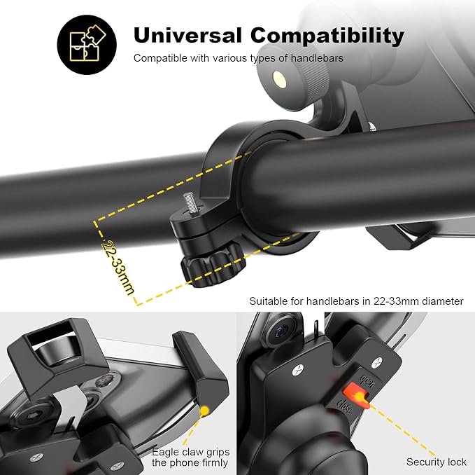 New Bike Phone Mount with Stainless Steel Clamp Arms Anti Shake and Stable 360° Rotation Bike Accessories/Bike Phone Holder for Any Smartphones GPS Other Devices Between 4 and 7 inches