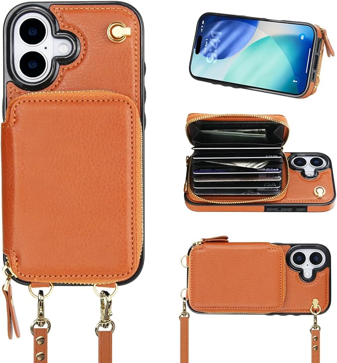Bocasal Crossbody Wallet Case for iPhone 17, RFID Blocking Leather Purse Case with Card Holder, Protective Handbag Flip Cover with Zipper Wrist Strap Lanyard for Women 5G 6.3 Inch (Brown)