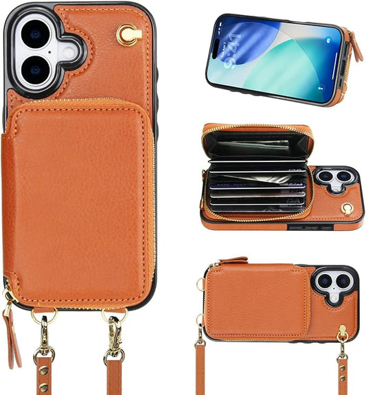 Bocasal Crossbody Wallet Case for iPhone 17, RFID Blocking Leather Purse Case with Card Holder, Protective Handbag Flip Cover with Zipper Wrist Strap Lanyard for Women 5G 6.3 Inch (Brown)