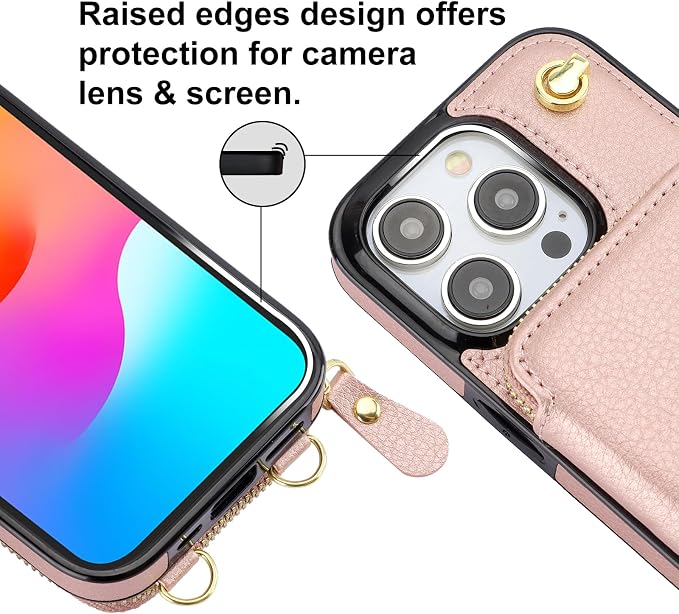 Bocasal Crossbody Wallet Case for iPhone 15 Pro, RFID Blocking Leather Purse Case with Card Holder, Protective Handbag Flip Cover with Zipper Wrist Strap Lanyard for Women 5G 6.1 Inch (Rose Gold)
