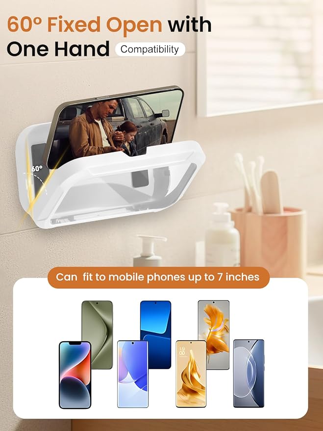 Shower Phone Holder Waterproof Case with Anti-Fog Screen, 480° Rotatable & Adjustable Wall Mount Stand, Waterproof Bathroom Bathtub Kitchen Accessories for 4-7'' Cellphones