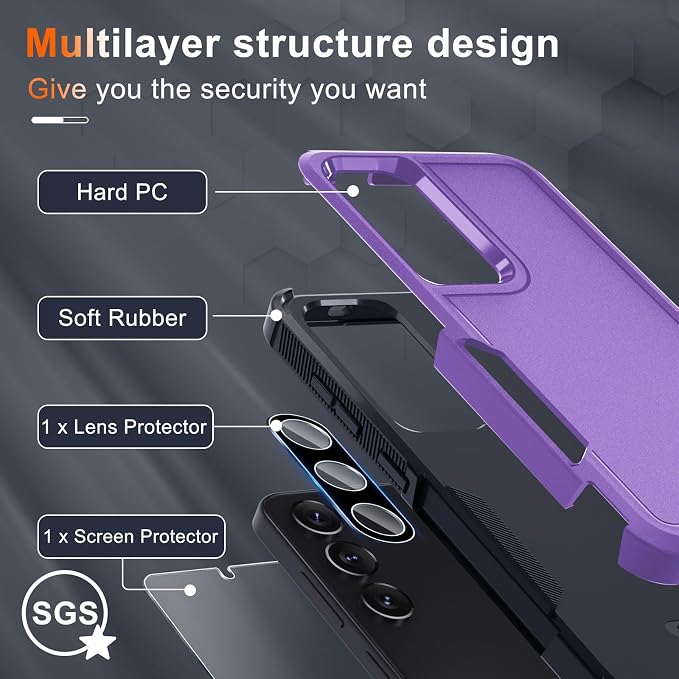 RMOCR Case for Samsung Galaxy S25 Plus, Full Body Heavy Duty Rugged Shockproof Protective Phone Cover with Lanyard Strap, Tempered Glass Screen Protector and Camera Lens Cover, Lavender