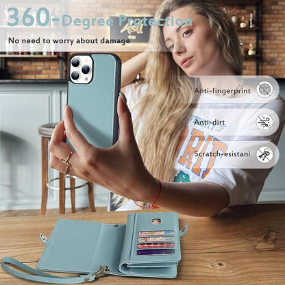 for Wallet Case Compatible with iPhone 12 Pro Max,Multi-Function Detachable 2 in 1 Magnetic iPhone 12 Pro Max Case Wallet,Flip Strap Zipper Card Holder Phone Case with Shoulder Straps (Blue)