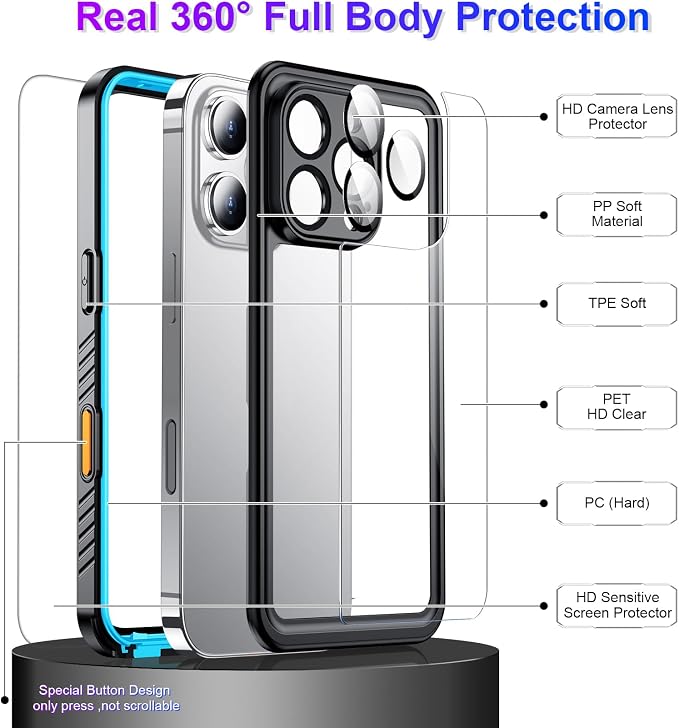 Temdan Waterproof Compatible with Phone Pro Case 6.3 inch 2024-Blue/Clear