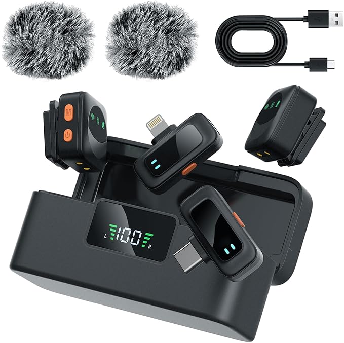 Ai Mini Mic Wireless Lavalier Microphone System (2TX+2RX+Case), Magnetic & Clip-On Microphone for iPhone, Android, Vlogging, Studio-Quality Sound, 48H Battery, Ai Noise Cancelling