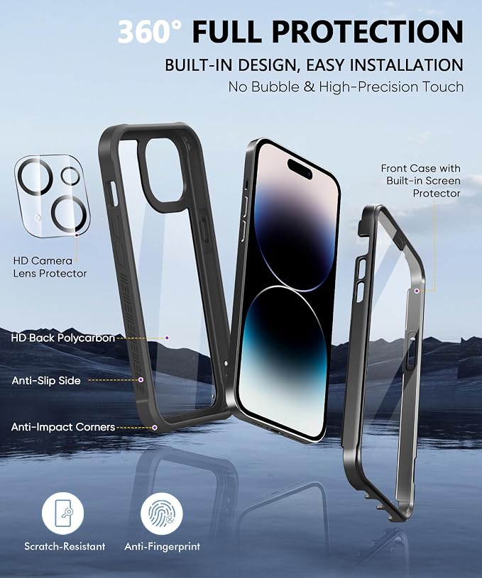Compatible with iPhone 15 Plus Case, Built-in Screen Protector, with Camera Lens Protector, Anti-Yellowing Full Body Phone Case, Shockproof Protective Cover for 15Plus 6.7" (Black)