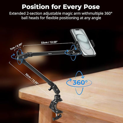 SmallRig 25.9" Magic Arm with Super Clamp, Overhead Phone Mount, Flexible Desk Camera Mount with 1/4" Screw and Cable Clip, Max Load 2.2lb, for iPhone, Action Camera, Video Light, Webcam, Mic - 5625