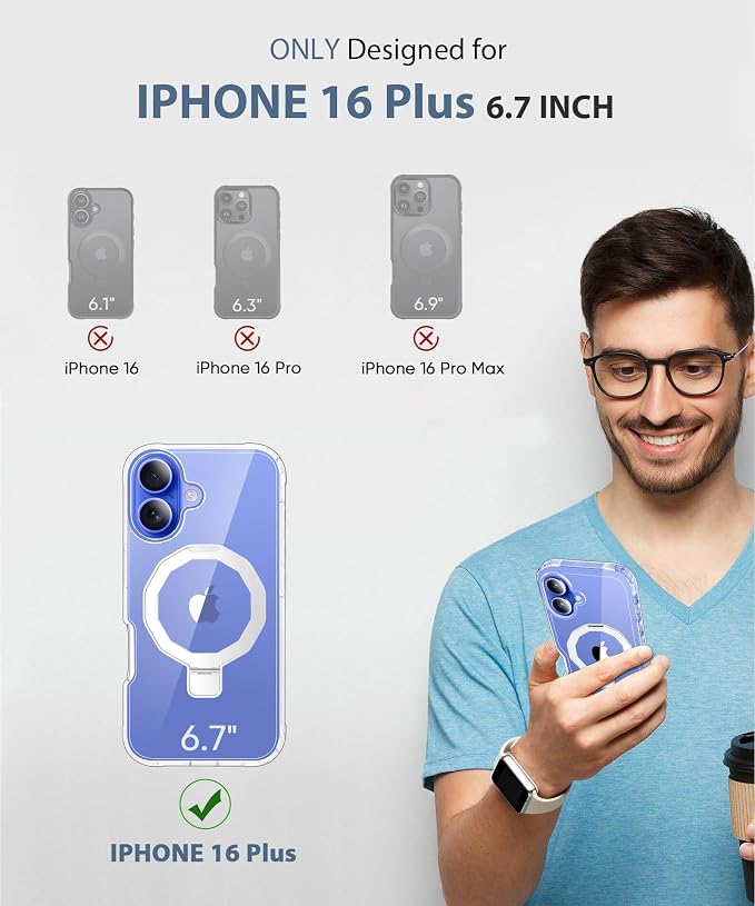 for iPhone 16 Plus Case, with Screen Protector + Camera Lens Protector, Built-in Seamless Stand, [Compatible with MagSafe] Protective Shockproof Phone Case, Cover for iPhone 16Plus - Clear