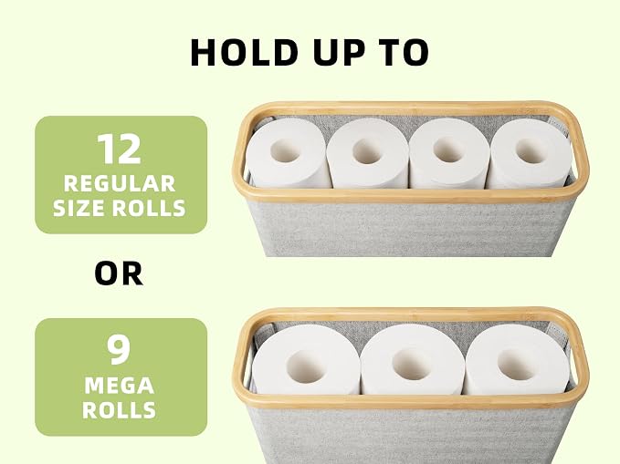 StorageWorks Toilet Paper Storage with Bamboo Lid, Toilet Paper Holder Basket for Up to 9 Mega or 12 Regular Size Rolls, Medium Paper Storage Baskets for Bathroom, Grey, 1 Pack