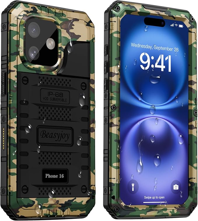 Beasyjoy for iPhone 16 Case Waterproof, Metal Heavy Duty Full Body Protective Case with Built-in Screen Protector, Military Grade Shockproof Dustproof Defender Rugged Cover for iPhone 16 6.1" Camo
