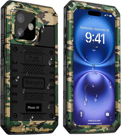 Beasyjoy for iPhone 16 Case Waterproof, Metal Heavy Duty Full Body Protective Case with Built-in Screen Protector, Military Grade Shockproof Dustproof Defender Rugged Cover for iPhone 16 6.1" Camo