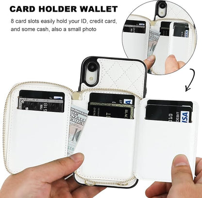 Bocasal Crossbody Wallet Case for iPhone Xr, RFID Blocking PU Leather Zipper Handbag Purse Flip Cover, Kickstand Folio Case with Card Slots Holder Wrist Strap Lanyard 6.1 Inch (White)