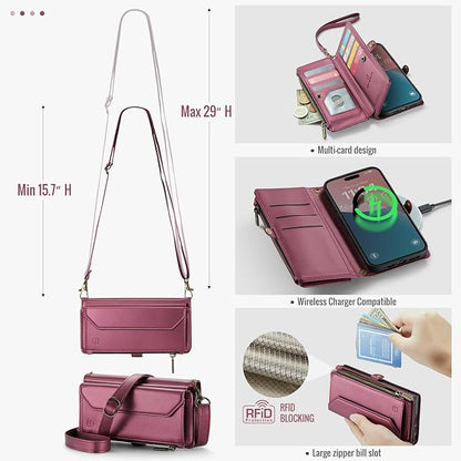 Strapurs Wallet Case Compatible with iPhone 16 Plus 6.7" RFID Blocking 10-Card Holder Soft PU Leather Magnetic Snap Shoulder Strap Zipper Pocket Phone Case Fit for iPhone 16 Plus - Wine Red
