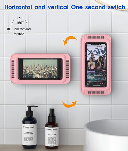 Mistriddle Waterproof Shower Phone Holder with 360° Rotation, Angle Adjustable, Enhanced Sound Quality, Wall Mounted Phone Holder for Bathroom Mirror Bathtub Kitchen, Up to 7 Inch(Pink)