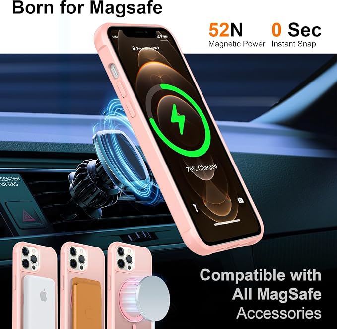 360° Magnetic Swivel Ring for iPhone 12 pro max case, Built-in Metal Stand and Ring Holder, Magsafe Compatible, Military Grade Protection, Shockproof - Pink