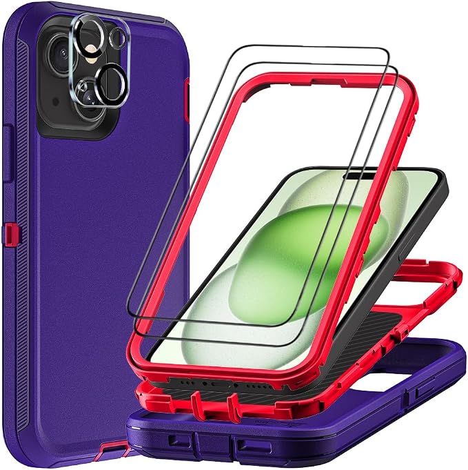 for iPhone 15 Plus Case with 2Pcs Tempered Glass Screen Protector and 1Pcs Camera Lens Protector, Military Grade 3 in 1 Heavy Duty Shockproof/Drop Proof/Dust Proof Case (Purple/Pink)