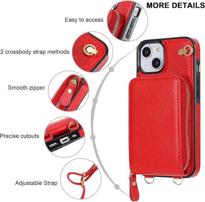 KIHUWEY Crossbody Wallet Case for iPhone 13 iPhone 14, Zipper Pocket Case with Card Holder, PU Leather RFID Blocking Protective Cover Case with Kickstand Detachable Wrist Strap Lanyard 6.1" (Red)