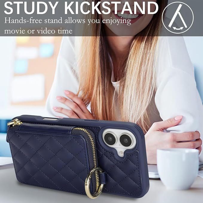 Crossbody Wallet Case for iPhone 17, PU Leather Zipper Handbag Purse Flip Cover, Kickstand Folio Case with Card Slots Holder Wrist Strap Lanyard 5G 6.3 Inch-Blue