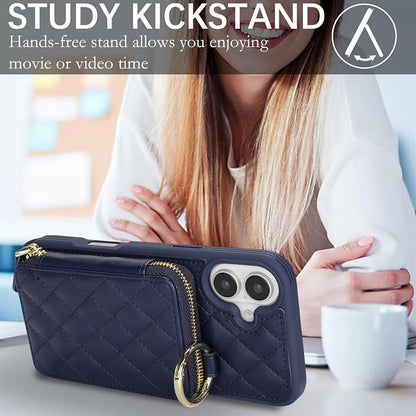 Crossbody Wallet Case for iPhone 17, PU Leather Zipper Handbag Purse Flip Cover, Kickstand Folio Case with Card Slots Holder Wrist Strap Lanyard 5G 6.3 Inch-Blue