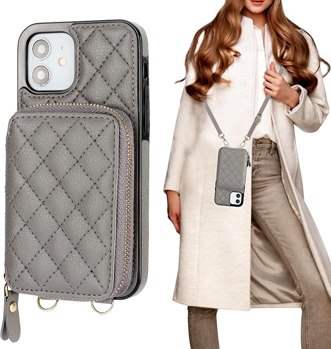 Bocasal Crossbody Wallet Case for iPhone 12/12 Pro, RFID Blocking PU Leather Zipper Handbag Purse Flip Cover, Kickstand Folio Case with Card Slots Holder Wrist Strap Lanyard 5G 6.1 Inch (Grey)