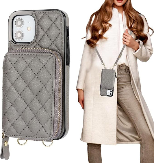 Bocasal Crossbody Wallet Case for iPhone 12/12 Pro, RFID Blocking PU Leather Zipper Handbag Purse Flip Cover, Kickstand Folio Case with Card Slots Holder Wrist Strap Lanyard 5G 6.1 Inch (Grey)