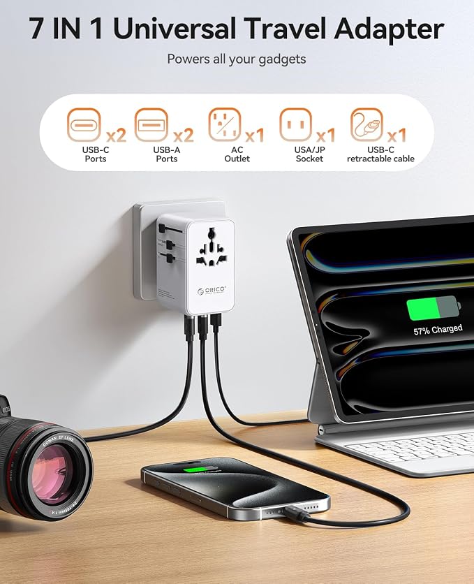 ORICO Universal Travel Adapter 100W GaN International Power Adapter | 7 in 1 (2 AC, 3 USB-C, 2 USB-A) European Travel Plug Adapter, Built-in Retractable USB-C Cable for Eu UK AU 200+ Countries