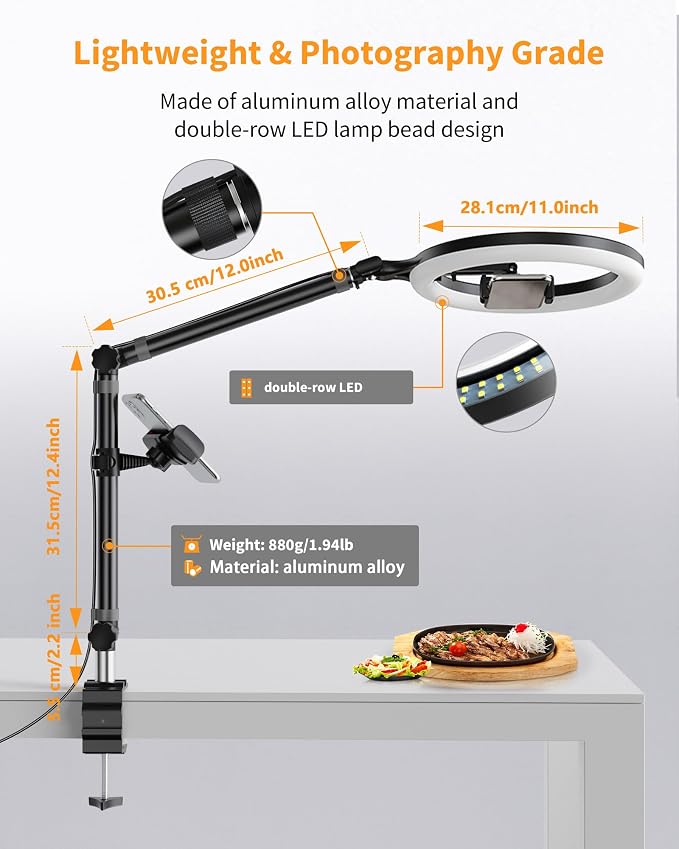 Ring Light with Stand and Phone Holder, USB 10" Ring Light for Desk, Overhead Camera Mount with Ringlight, Desk Lamp with Clamp for Photography/Makeup/Live StreamVideo/YouTube
