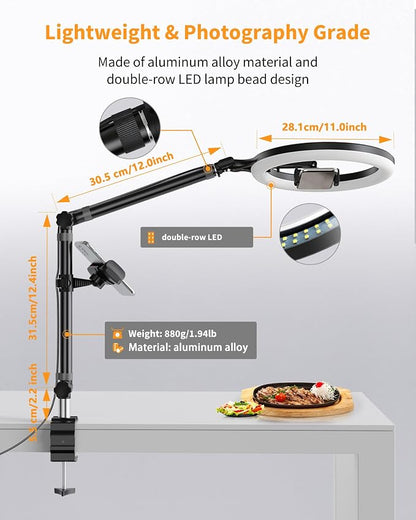 Ring Light with Stand and Phone Holder, USB 10" Ring Light for Desk, Overhead Camera Mount with Ringlight, Desk Lamp with Clamp for Photography/Makeup/Live StreamVideo/YouTube