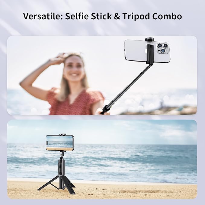 ATUMTEK Selfie Stick Tripod, 3-in-1 Extendable Aluminum Phone Tripod with Detachable Bluetooth Remote, Compatible with iPhone 17/16/15/14/13/12/11/11 Pro/XS Max/XR and Samsung Smartphones, Black