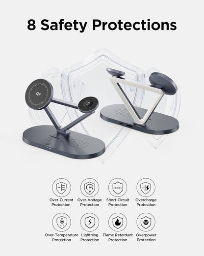 PISEN Mag-Safe Wireless Charger Stand - 3-in-1 Wireless Charging Station, Qi2 Certified 15W Mag-Safe Wireless Charger Stand with Night Light for iPhone 17/16/15/14/13/12 Series, Apple Watch, AirPods