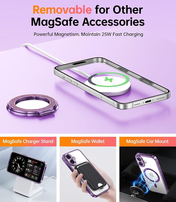 Meifigno Magnetic Case with Removable Phone Ring Stand for iPhone 16 Plus, [Glitter Card & Wrist Strap] [MagSafe Compatible] [Built in Mirror] Magnetic Phone Ring Holder + 16 Plus Case Kit, Purple