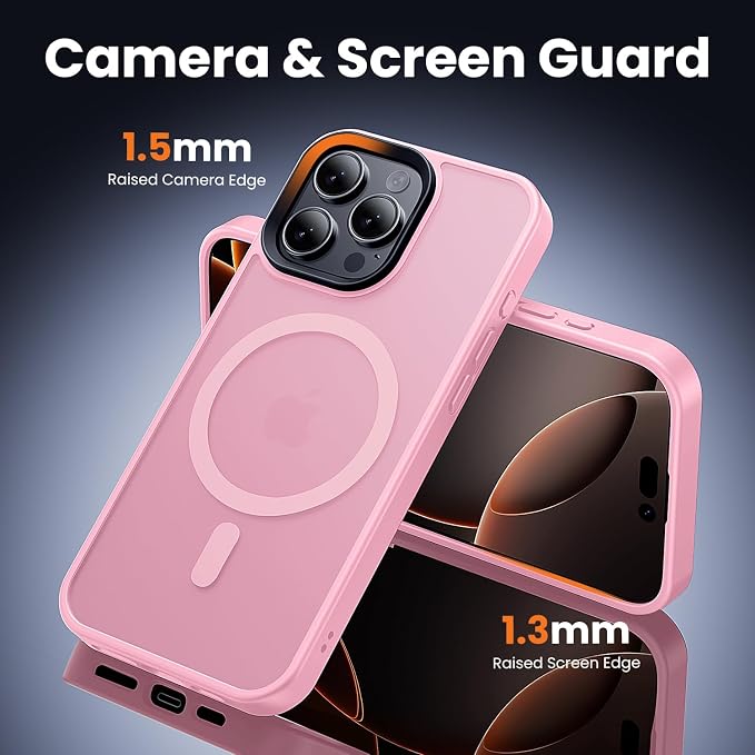 3 in 1 for iPhone 16 Pro Case with MagSafe, Screen Protector*1 Camera Lens Protector*1,Matte Skin Feeling Back Cover Military-Grade Protection for iPhone 16 Pro Phone Case 6.3 inch Pink