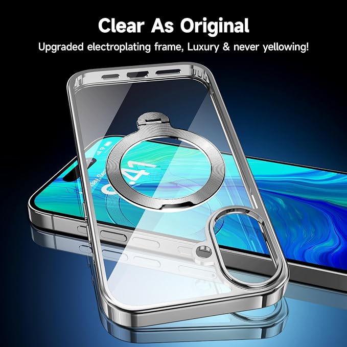 [Tri-Shield Protection] for iPhone 16 Case with 360° Spin Stand Compatible with MagSafe [Magnetic CD Ring] [Screen & Camera Lens Protector] Shockproof Plating Never-Yellowing, Natural Titanium-6.1"