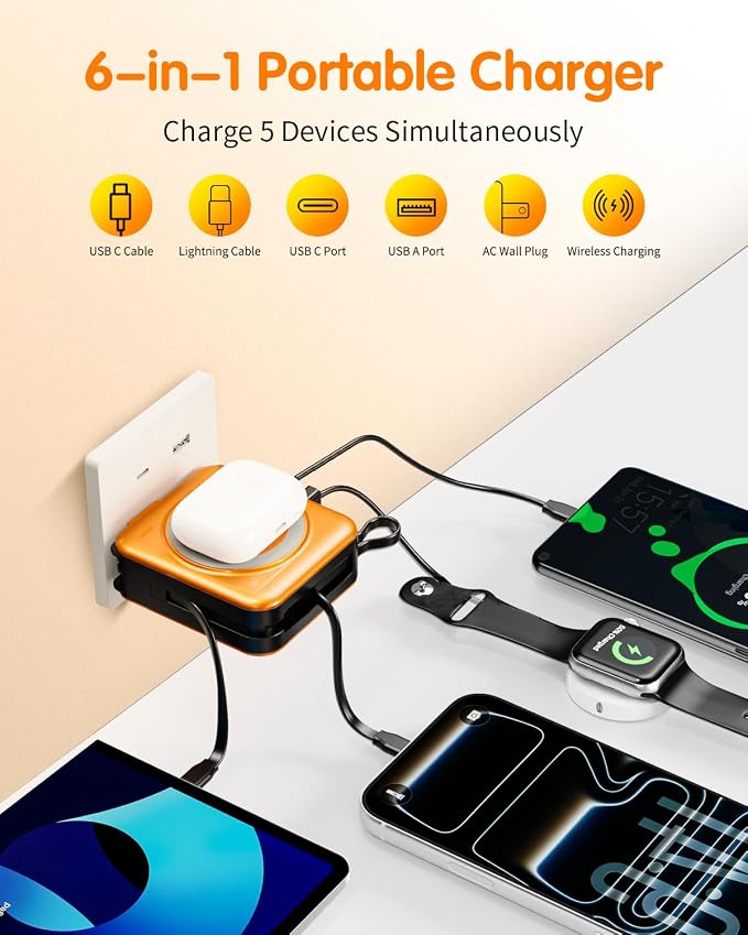 10000mAh for Magsafe Portable Charger Built-in Cables & AC Wall Plug,Orange | 6-in-1,PD 22.5W USB C Fast Charging,15W Magnetic Wireless Charging,Charge 5 devices at once,LED Display Travel Power Bank