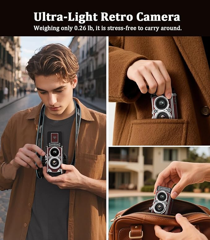 CHUZHAO Digital Camera Retro: Portable TLR Style Twin-Lens Vintage Camera, 12MP Autofocus 1080P FHD Point and Shoot Pocket Vlogging Retro Digital Cameras with16 GB Card for Beginners Boys Girls (Red)