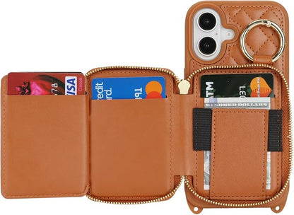 Crossbody Wallet Case for iPhone 17, PU Leather Zipper Handbag Purse Flip Cover, Kickstand Folio Case with Card Slots Holder Wrist Strap Lanyard 5G 6.3 Inch-Brown